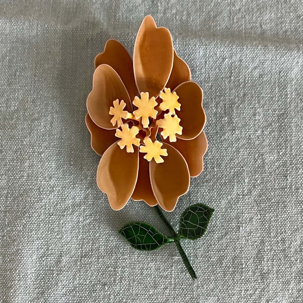 Vintage Floral Brooch with Brown Petals and Green Leaves